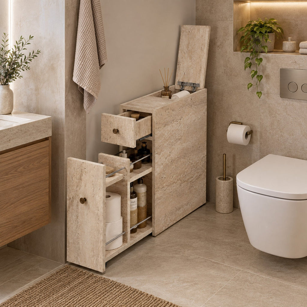 Modern Bathroom Cabinet, Travertine Color, 23.6 x 21.7 x 11.8 inches | 100% Melamine Coated Particle Board, 0.7-inch Thickness | 2 Drawers with Telescopic Slides, Numerous Shelves, Fully Assembled & Wall-Mountable