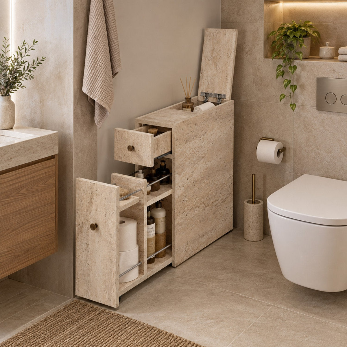 Modern Bathroom Cabinet, Travertine Color, 23.6 x 21.7 x 11.8 inches | 100% Melamine Coated Particle Board, 0.7-inch Thickness | 2 Drawers with Telescopic Slides, Numerous Shelves, Fully Assembled & Wall-Mountable