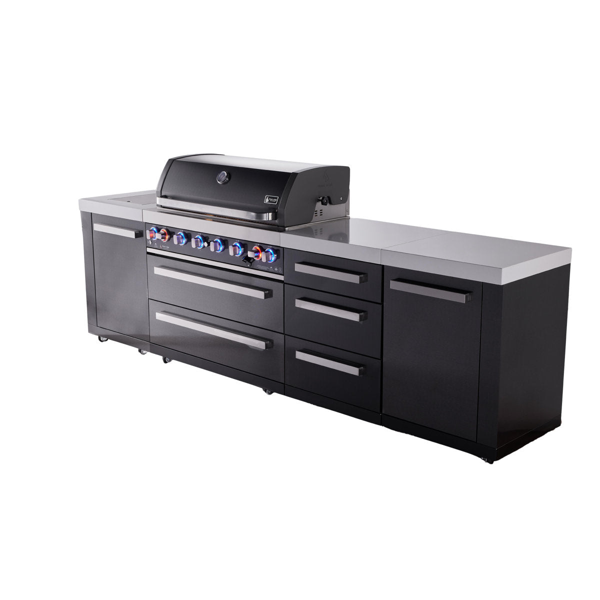 Mont Alpi Premium Black Stainless Steel 119"W x 23"D x 46"H Modular Outdoor Kitchen Island with Side Burner + 44"W 6-Burner BBQ Gas Grill + Granite Countertops + Storage Cabinets + Rotisserie Kit + Full Cover + Natural Gas Convertible + Lifetime Warranty