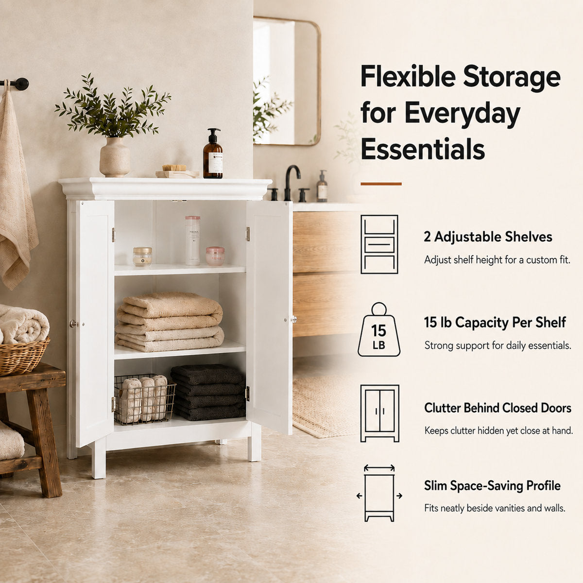 Nantwich Freestanding Two-Door Floor Accent Bathroom Storage Cabinet with Adjustable Interior Shelves