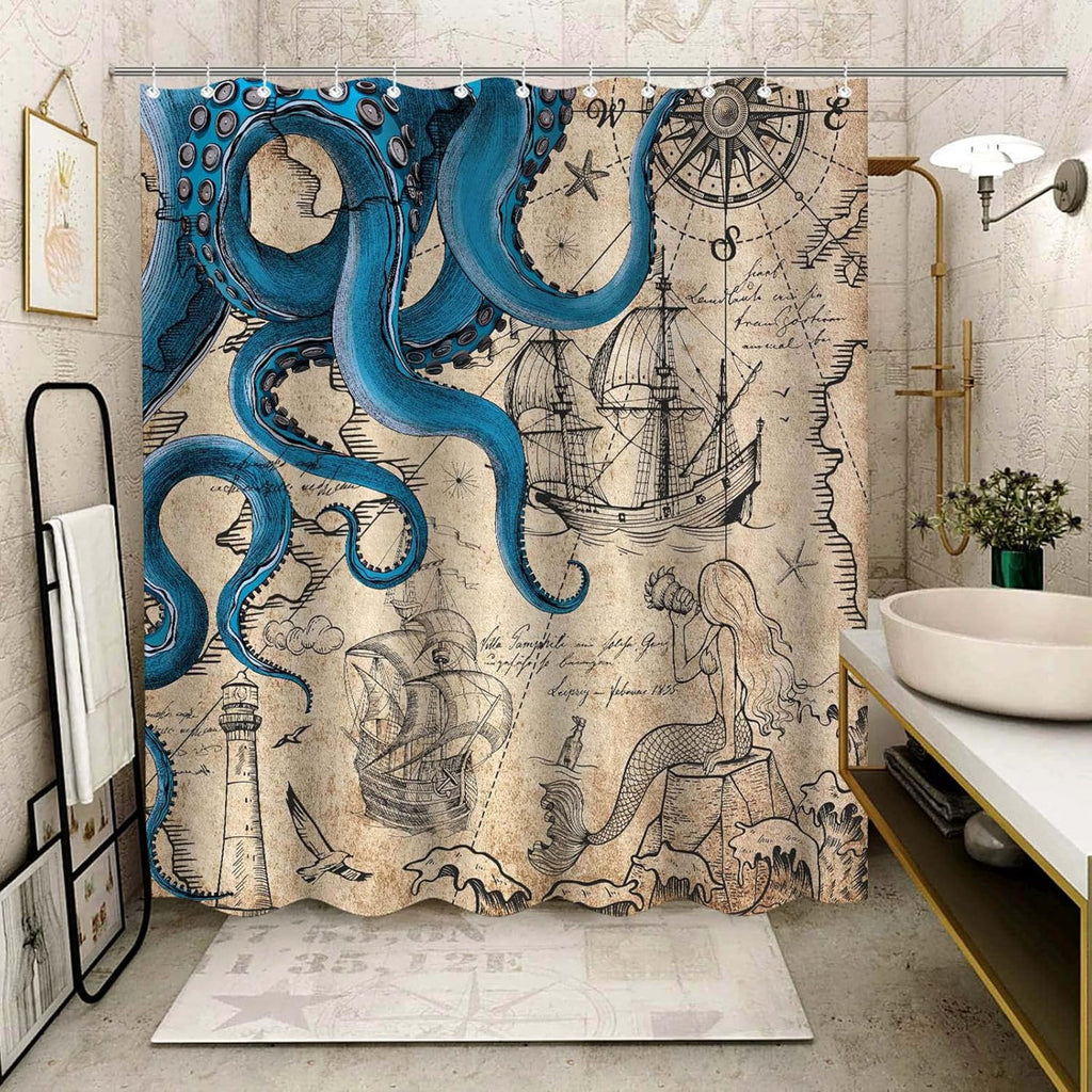 Nautical Octopus Shower Curtain Mermaid Funny Ocean Kraken Shower Curtains for Bathroom with Hooks