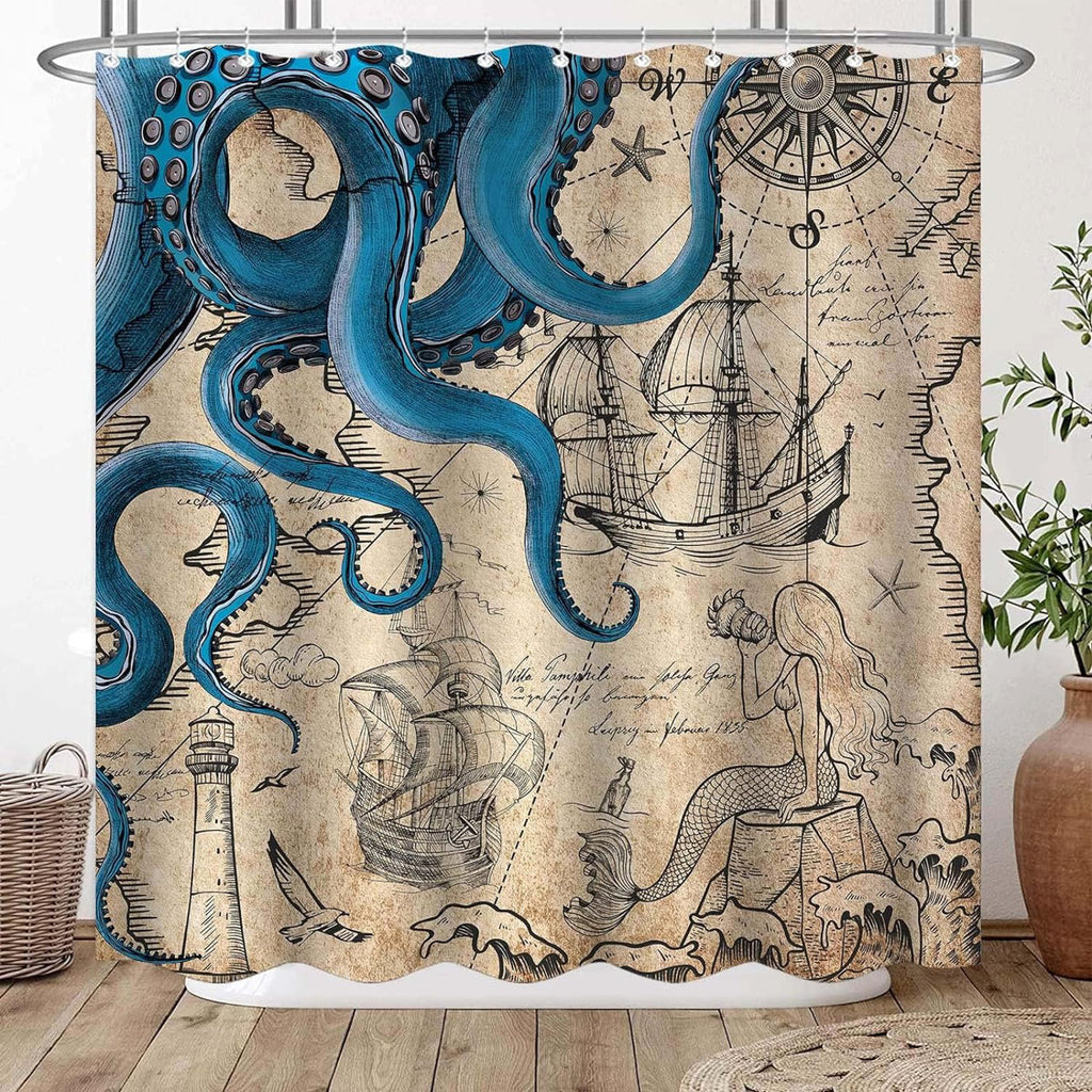 Nautical Octopus Shower Curtain Mermaid Funny Ocean Kraken Shower Curtains for Bathroom with Hooks