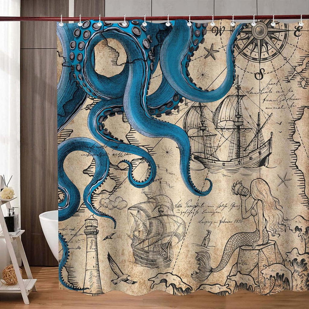 Nautical Octopus Shower Curtain Mermaid Funny Ocean Kraken Shower Curtains for Bathroom with Hooks