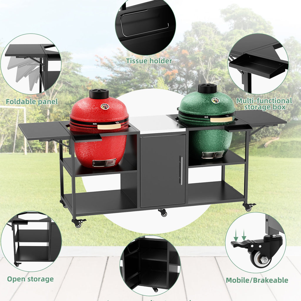 Outdoor Grill Cart For Two Big Egg, 18" And - Metal Table With Stainless Steel Countertop, Black Silver, 107.33 Lb, 35.46 In Height, 26.57 Width, 102.91 Depth, 6 Wheels, 4 Lockable, Open Shelves, 2
