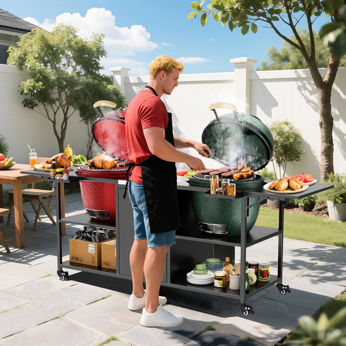 Outdoor Grill Cart For Two Big Egg, 18" And - Metal Table With Stainless Steel Countertop, Black Silver, 107.33 Lb, 35.46 In Height, 26.57 Width, 102.91 Depth, 6 Wheels, 4 Lockable, Open Shelves, 2