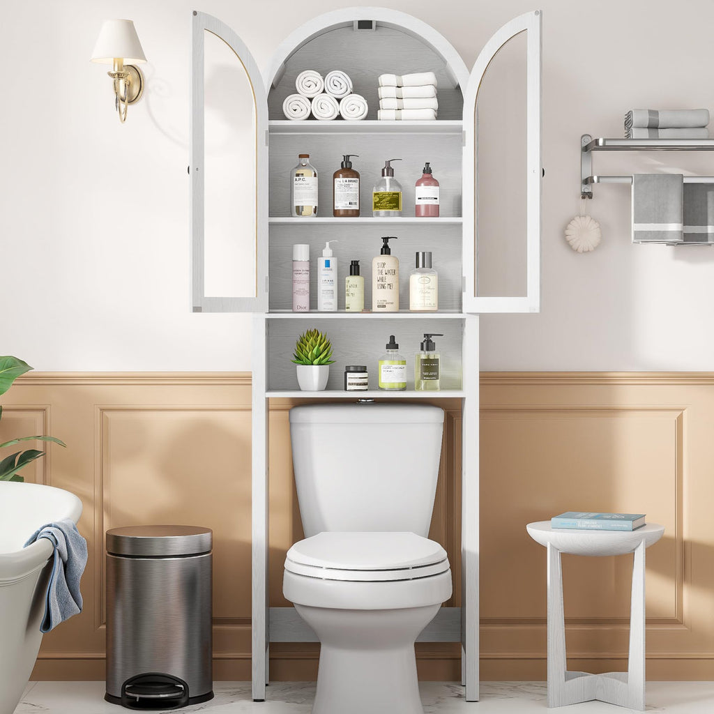 Over-the-Toilet Storage Cabinet with Acrylic Doors, 4-Tier Mid Century Modern Bathroom Organizer with Adjustable Shelf, Slim Narrow Arch Toilet Rack