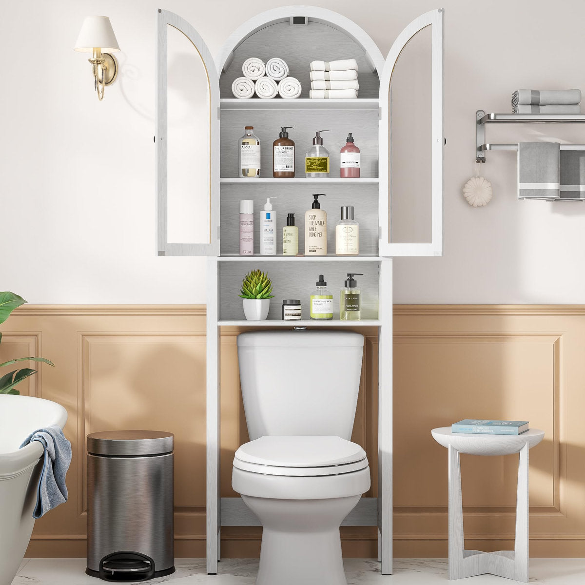 Over-the-Toilet Storage Cabinet with Acrylic Doors, 4-Tier Mid Century Modern Bathroom Organizer with Adjustable Shelf, Slim Narrow Arch Toilet Rack