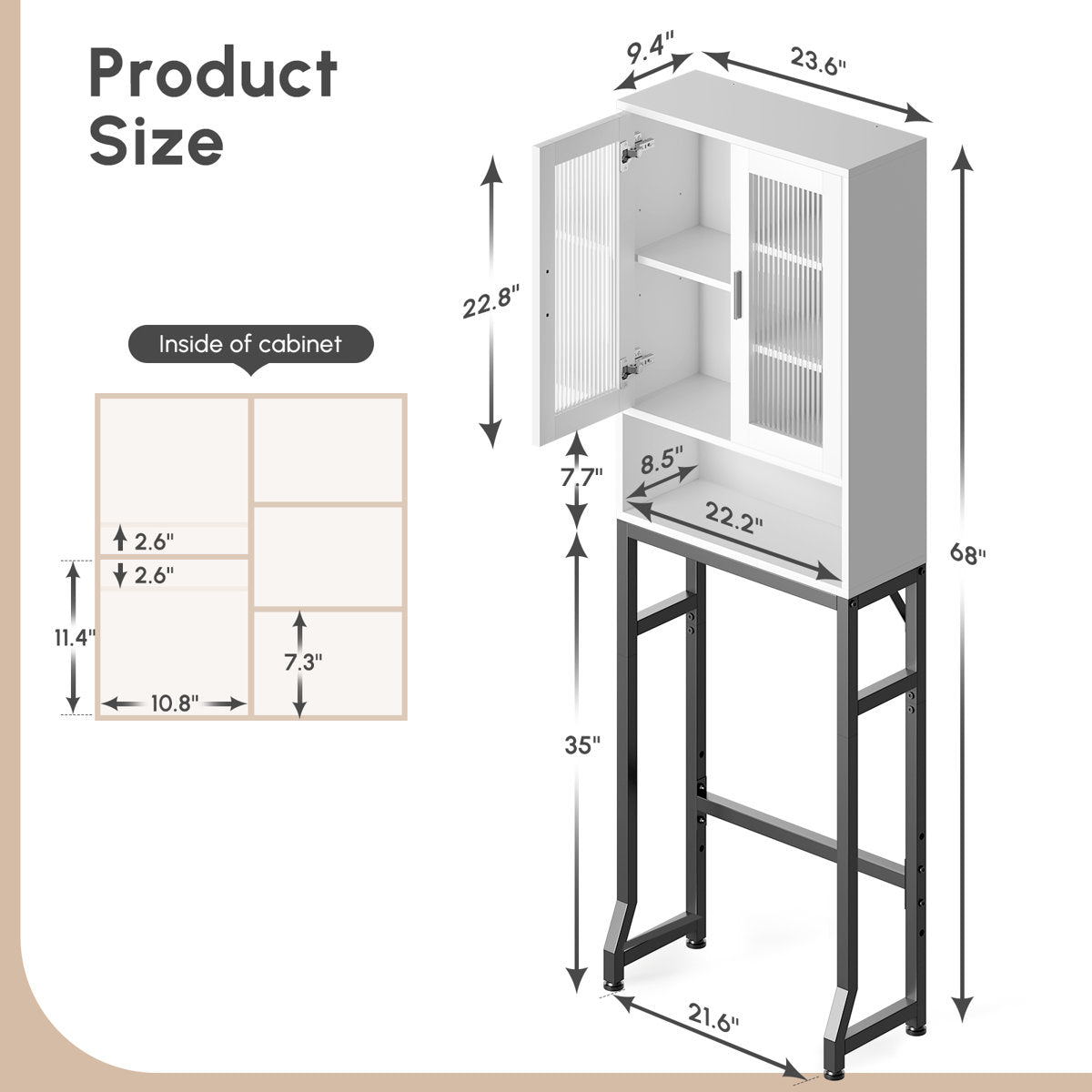 Over The Toilet Storage Cabinet, Freestanding Bathroom Organizer With Tempered Glass Doors, Space Saving Bathroom Shelf, White