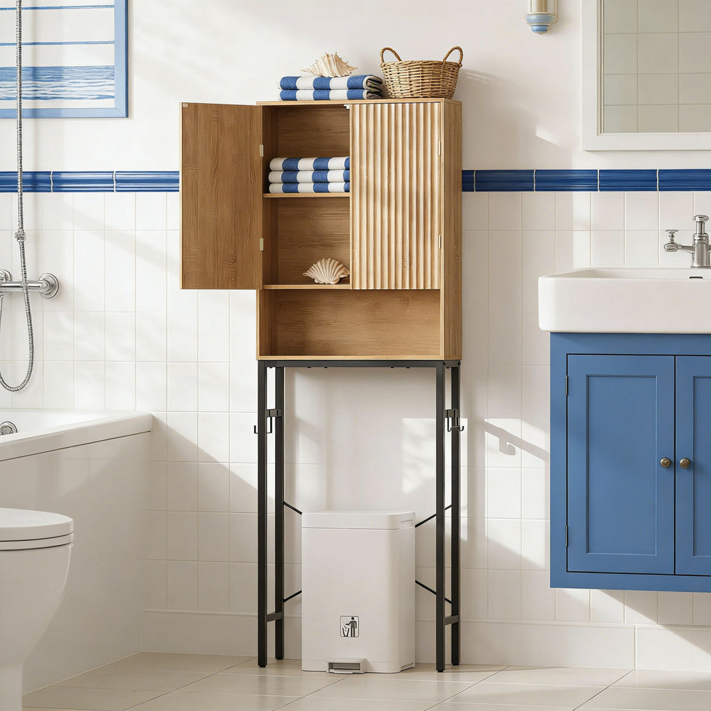Over The Toilet Storage Cabinet With Adjustable Shelf, Freestanding Bathroom Organizer With Metal Frame, Space Saving Tall Cabinet For Bathroom Essentials, Natural Wood Style