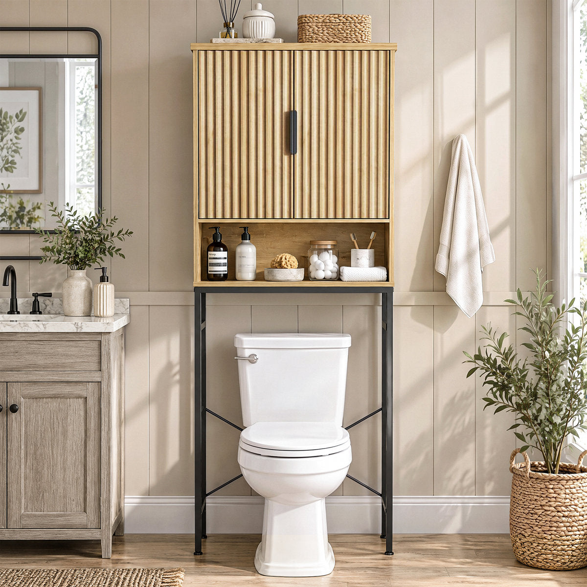Over The Toilet Storage Cabinet With Fluted Doors