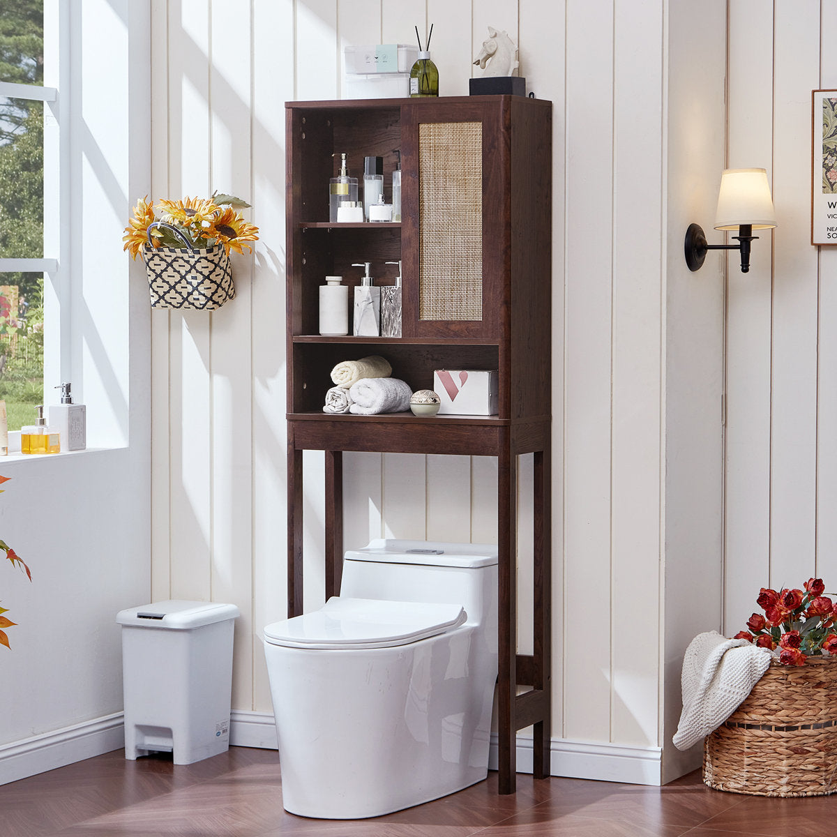 Over The Toilet Storage Cabinet With Rattan Sliding Door, 68" Tall Wood Above Toilet Bathroom Organizer W/Adjustable Shelf & Curved Profile, Space Saver Freestanding Washer Shelf