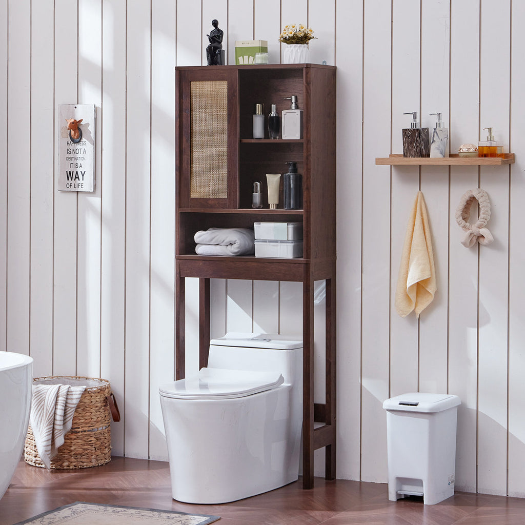 Over The Toilet Storage Cabinet With Rattan Sliding Door, 68" Tall Wood Above Toilet Bathroom Organizer W/Adjustable Shelf & Curved Profile, Space Saver Freestanding Washer Shelf