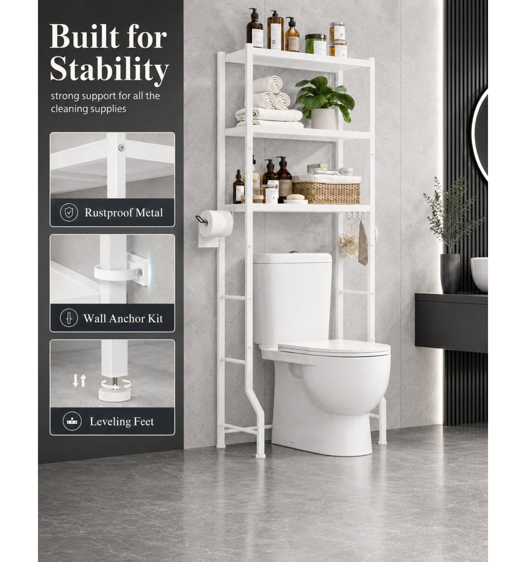Over The Toilet Storage Rack - Freestanding Over The Toilet Storage Cabinet with Paper Holder & Hooks, Bathroom Organizers and Storage, White, 3 Tiers (61" H)