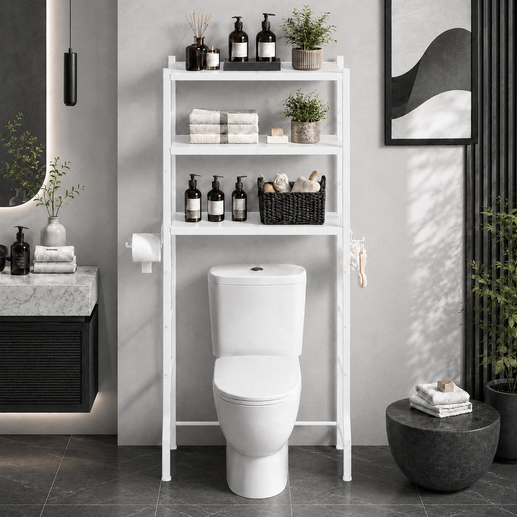 Over The Toilet Storage Rack - Freestanding Over The Toilet Storage Cabinet with Paper Holder & Hooks, Bathroom Organizers and Storage, White, 3 Tiers (61" H)