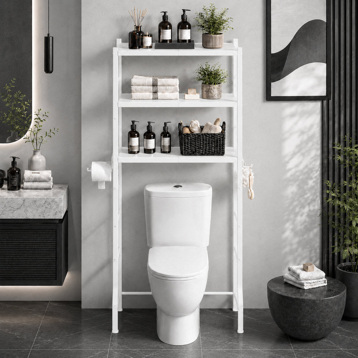 Over The Toilet Storage Rack - Freestanding Over The Toilet Storage Cabinet with Paper Holder & Hooks, Bathroom Organizers and Storage, White, 3 Tiers (61" H)