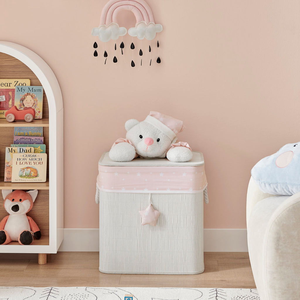 Pink/Cream Collapsible Folding Woven Kids Plush Laundry Hamper Toy Storage With Liner And Handles - Sleepy Teddy Bear