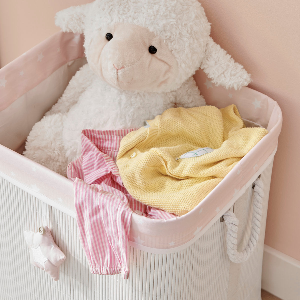 Pink/Cream Collapsible Folding Woven Kids Plush Laundry Hamper Toy Storage With Liner And Handles - Sleepy Teddy Bear