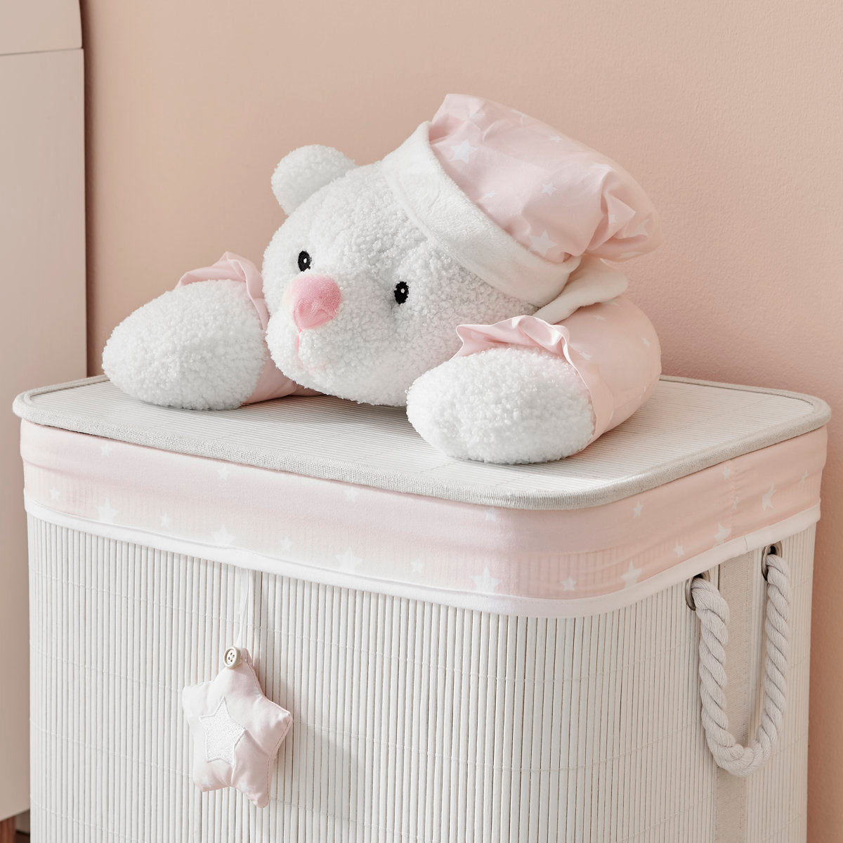 Pink/Cream Collapsible Folding Woven Kids Plush Laundry Hamper Toy Storage With Liner And Handles - Sleepy Teddy Bear