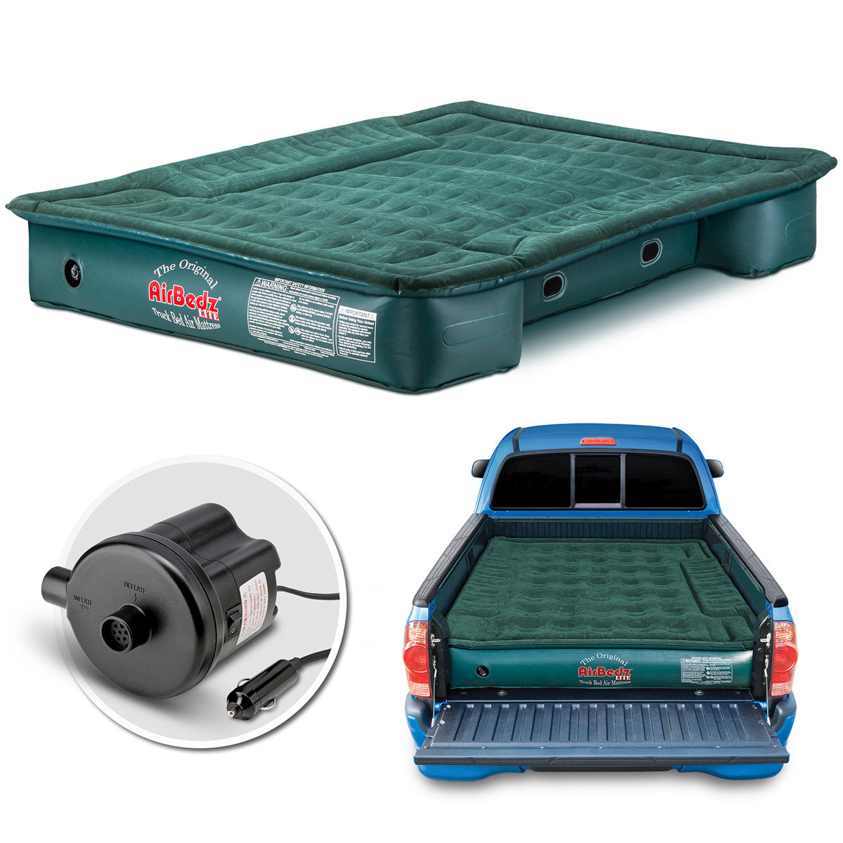 Pittman Outdoors AirBedz Lite PPI-PV202C Full Size, Short 6'-6.5' Truck Bed Air Mattress with DC Corded Pump (76"x63"x12" Inflated) Green, Full Size Beds
