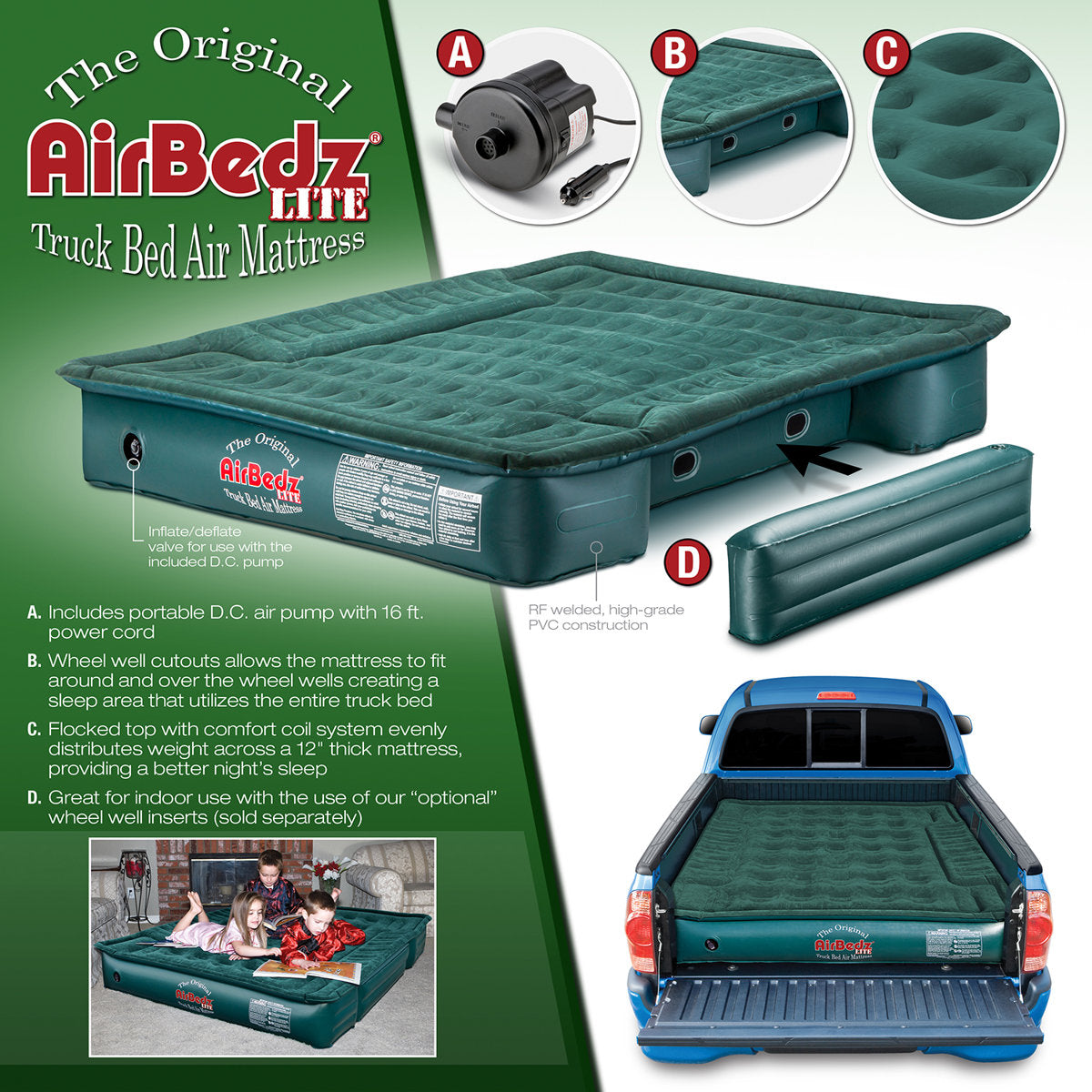 Pittman Outdoors AirBedz Lite PPI-PV202C Full Size, Short 6'-6.5' Truck Bed Air Mattress with DC Corded Pump (76"x63"x12" Inflated) Green, Full Size Beds