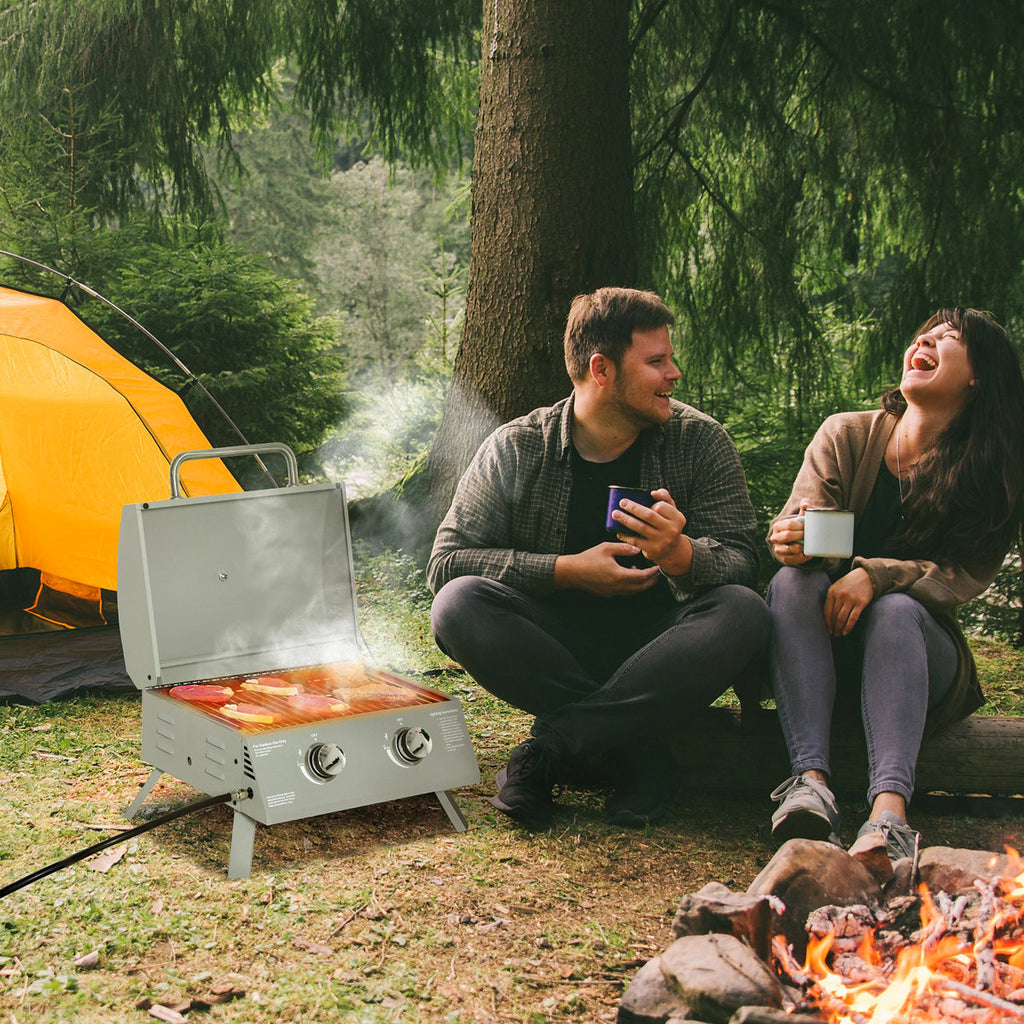 Portable 2 Propane Bbq Grill. Grey. Foldable Legs For Mobility. For Camping, Picnic, Backyard. Lid, Thermometer, Grease Tray. 21.75"L X 18.25"W 16.25"H Tabletop 2 Burner Gas Outdoor Legs,
