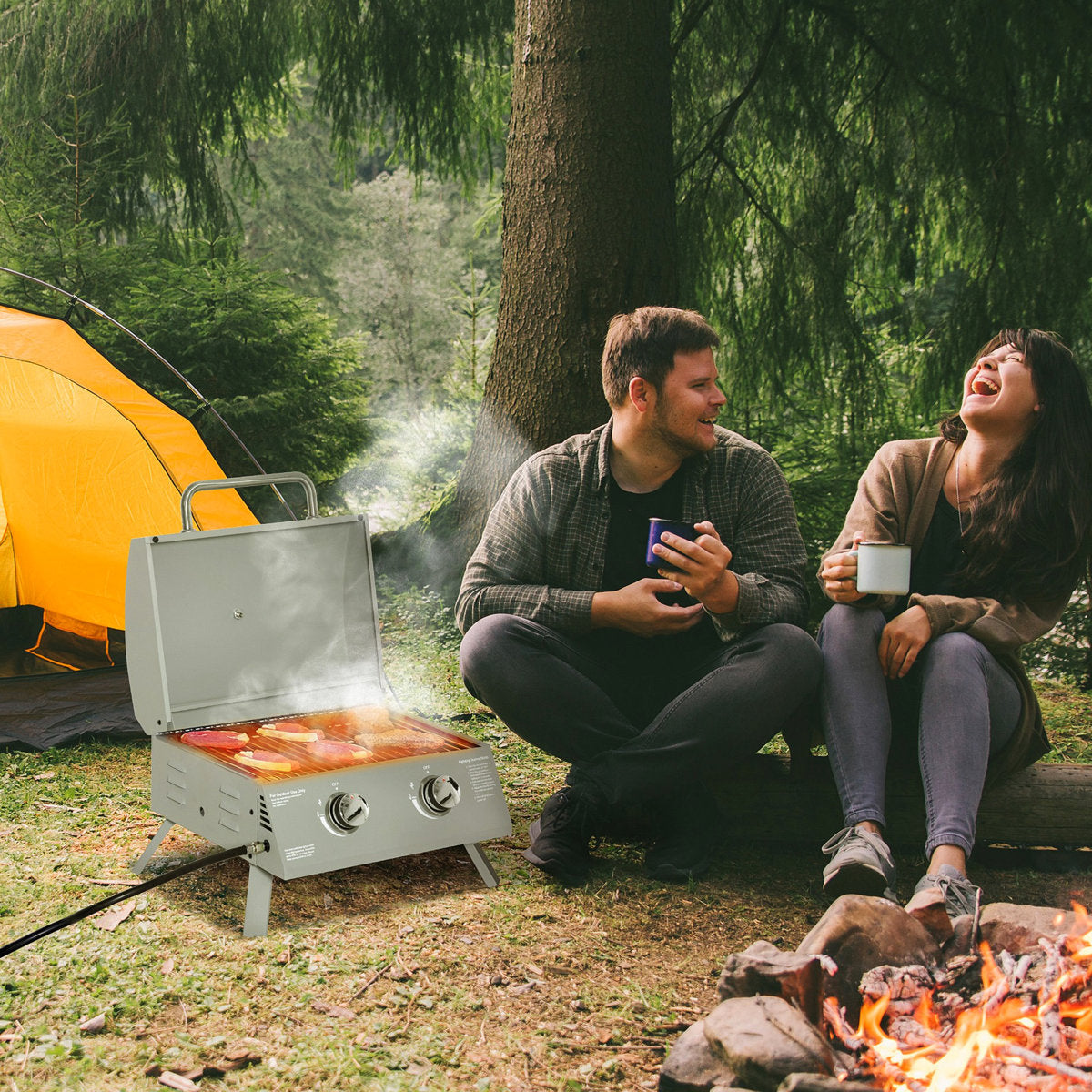 Portable 2 Propane Bbq Grill. Grey. Foldable Legs For Mobility. For Camping, Picnic, Backyard. Lid, Thermometer, Grease Tray. 21.75"L X 18.25"W 16.25"H Tabletop 2 Burner Gas Outdoor Legs,