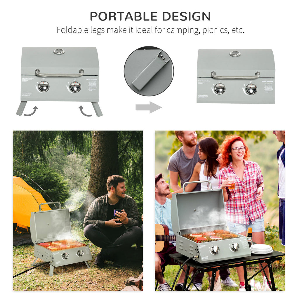 Portable 2 Propane Bbq Grill. Grey. Foldable Legs For Mobility. For Camping, Picnic, Backyard. Lid, Thermometer, Grease Tray. 21.75"L X 18.25"W 16.25"H Tabletop 2 Burner Gas Outdoor Legs,