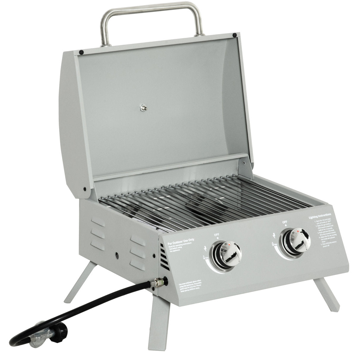Portable 2 Propane Bbq Grill. Grey. Foldable Legs For Mobility. For Camping, Picnic, Backyard. Lid, Thermometer, Grease Tray. 21.75"L X 18.25"W 16.25"H Tabletop 2 Burner Gas Outdoor Legs,