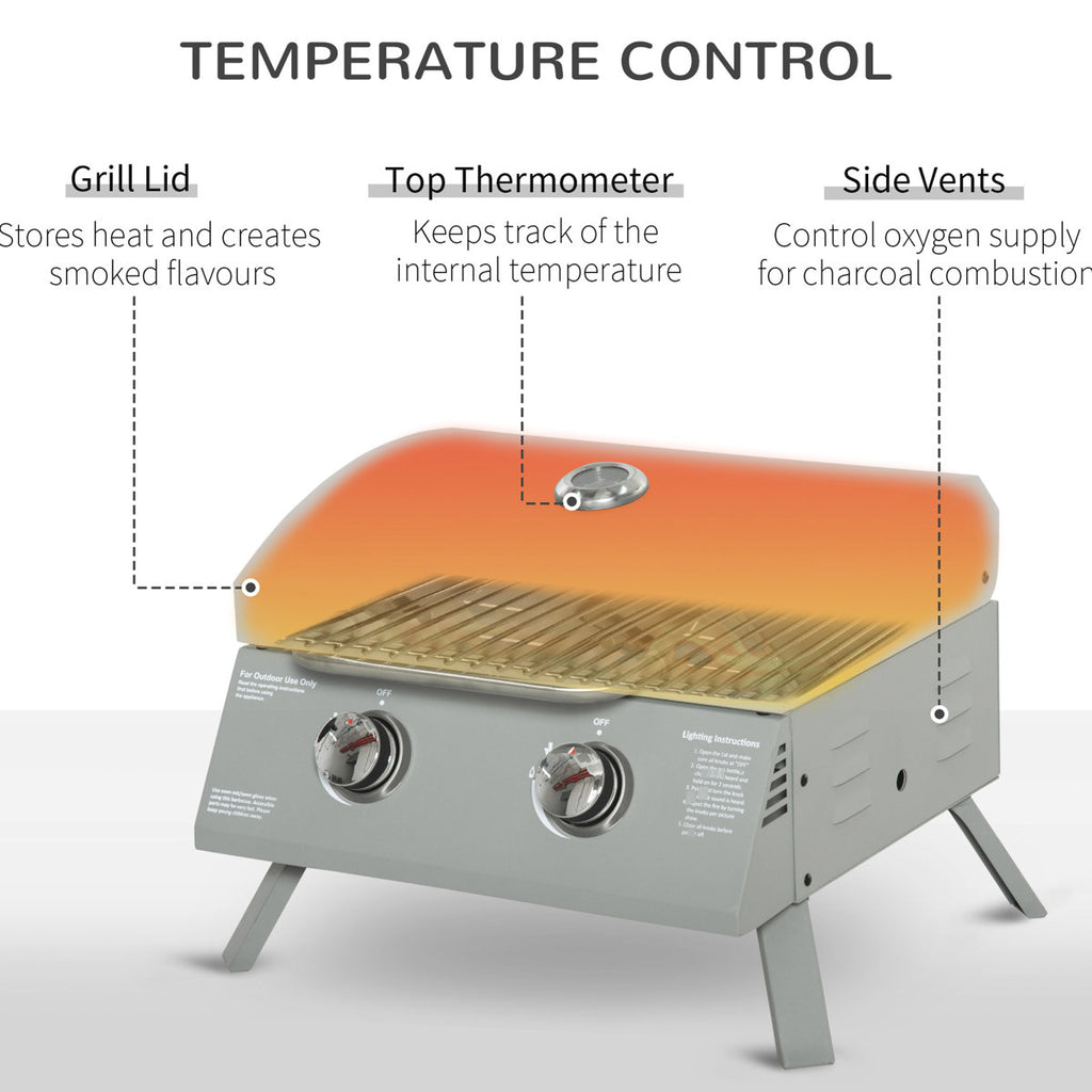 Portable 2 Propane Bbq Grill. Grey. Foldable Legs For Mobility. For Camping, Picnic, Backyard. Lid, Thermometer, Grease Tray. 21.75"L X 18.25"W 16.25"H Tabletop 2 Burner Gas Outdoor Legs,