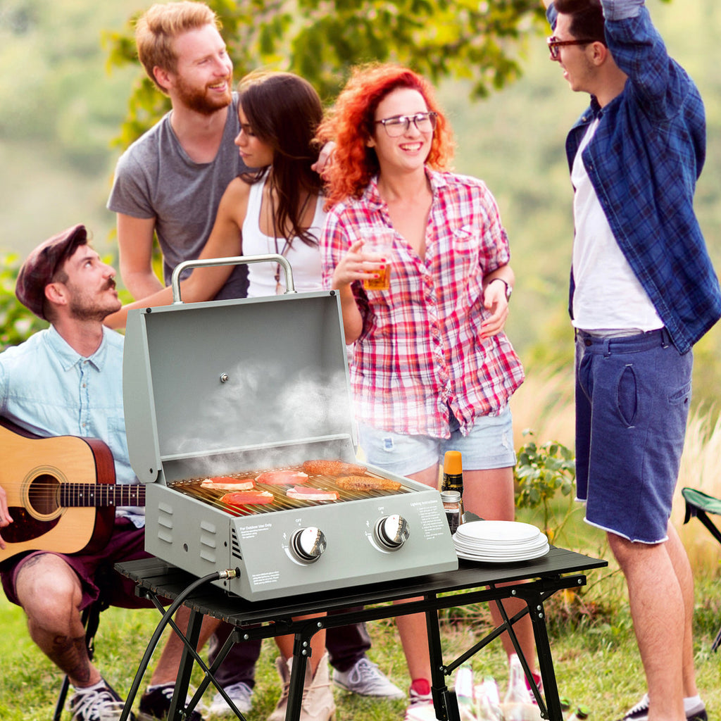 Portable 2 Propane Bbq Grill. Grey. Foldable Legs For Mobility. For Camping, Picnic, Backyard. Lid, Thermometer, Grease Tray. 21.75"L X 18.25"W 16.25"H Tabletop 2 Burner Gas Outdoor Legs,