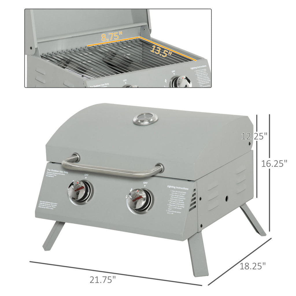 Portable 2 Propane Bbq Grill. Grey. Foldable Legs For Mobility. For Camping, Picnic, Backyard. Lid, Thermometer, Grease Tray. 21.75"L X 18.25"W 16.25"H Tabletop 2 Burner Gas Outdoor Legs,