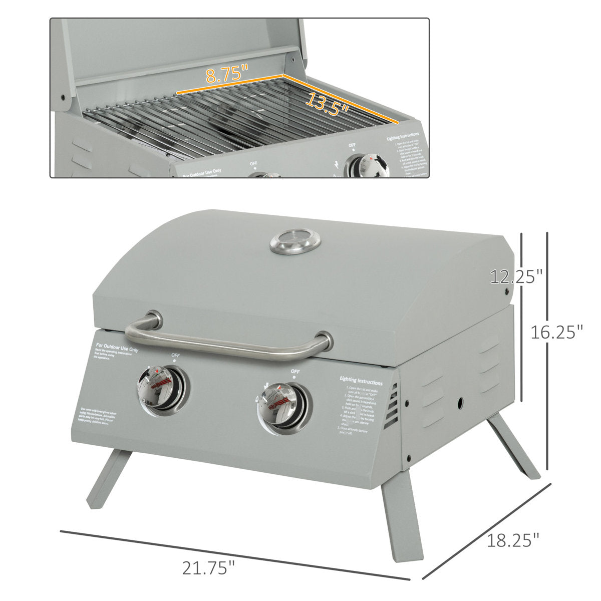 Portable 2 Propane Bbq Grill. Grey. Foldable Legs For Mobility. For Camping, Picnic, Backyard. Lid, Thermometer, Grease Tray. 21.75"L X 18.25"W 16.25"H Tabletop 2 Burner Gas Outdoor Legs,