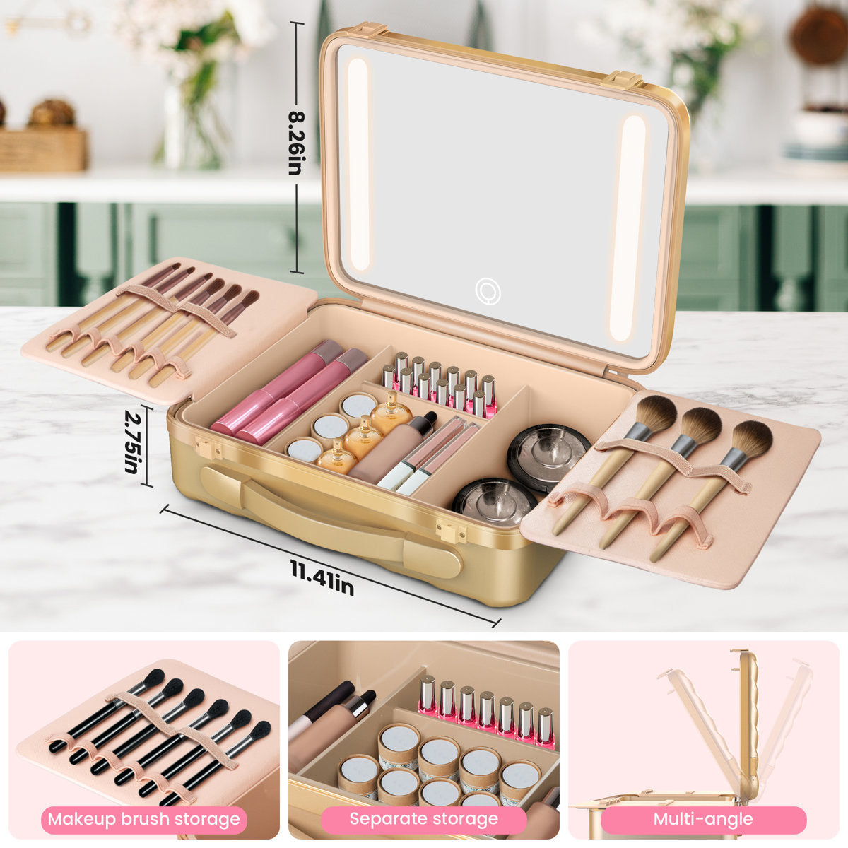 Portable Makeup Organizer Makeup Tool Case With Led Mirror Pink