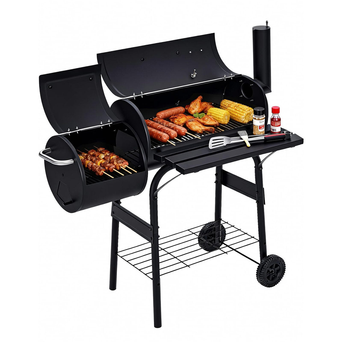 Portable Offset Smoker & Charcoal Grill Combo, 358 Sq In Barrel BBQ with Detachable Firebox, Side Shelf, Wheels for Camping, Patio