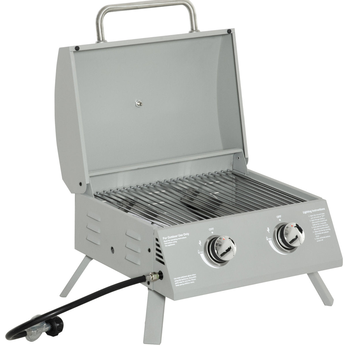 Portable Propane 2 Burner Grill Bbq. Grey. Foldable Legs For Transport. Ideal Camping, Picnic, Backyard. Lid, Thermometer, Grease Tray. 21.75"l X 18.25"w 16.25"h Gas. Convenience. For