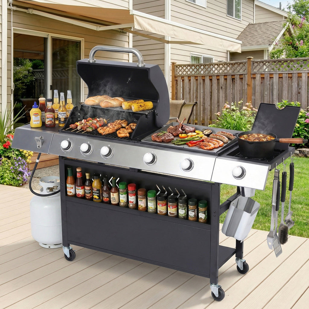 Propane Gas Grill And Flat Top Griddle Combo, 58000 Btu Dual Outdoor Bbq Station With Side Burner, Enameled Cast Iron Grates & Pan, Easy-clean Grease Management, 628 Sq.in Cooking Area
