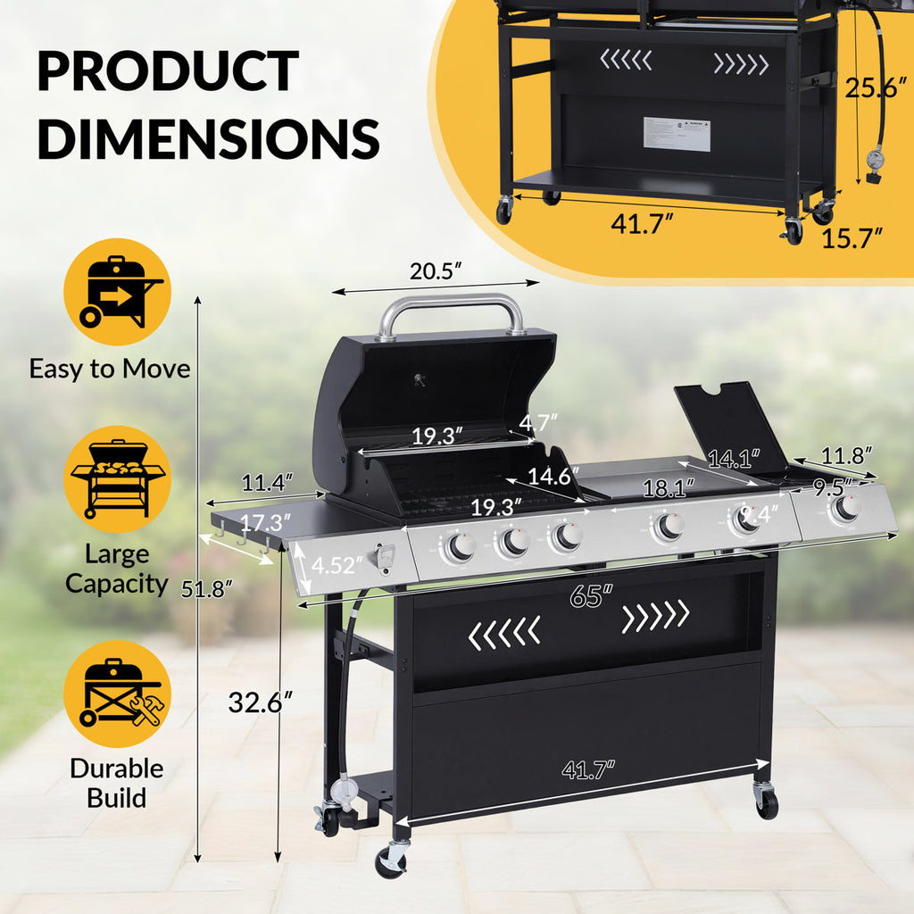 Propane Gas Grill And Flat Top Griddle Combo, 58000 Btu Dual Outdoor Bbq Station With Side Burner, Enameled Cast Iron Grates & Pan, Easy-clean Grease Management, 628 Sq.in Cooking Area