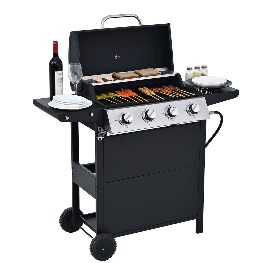 Propane Gas Grill With 4 Stainless Steel Burners, 34,000 , Two Shelves, And Portable Wheels For Courtyard Barbecue Burner, Tables, Wheels, A Temperature Sensor Backyard
