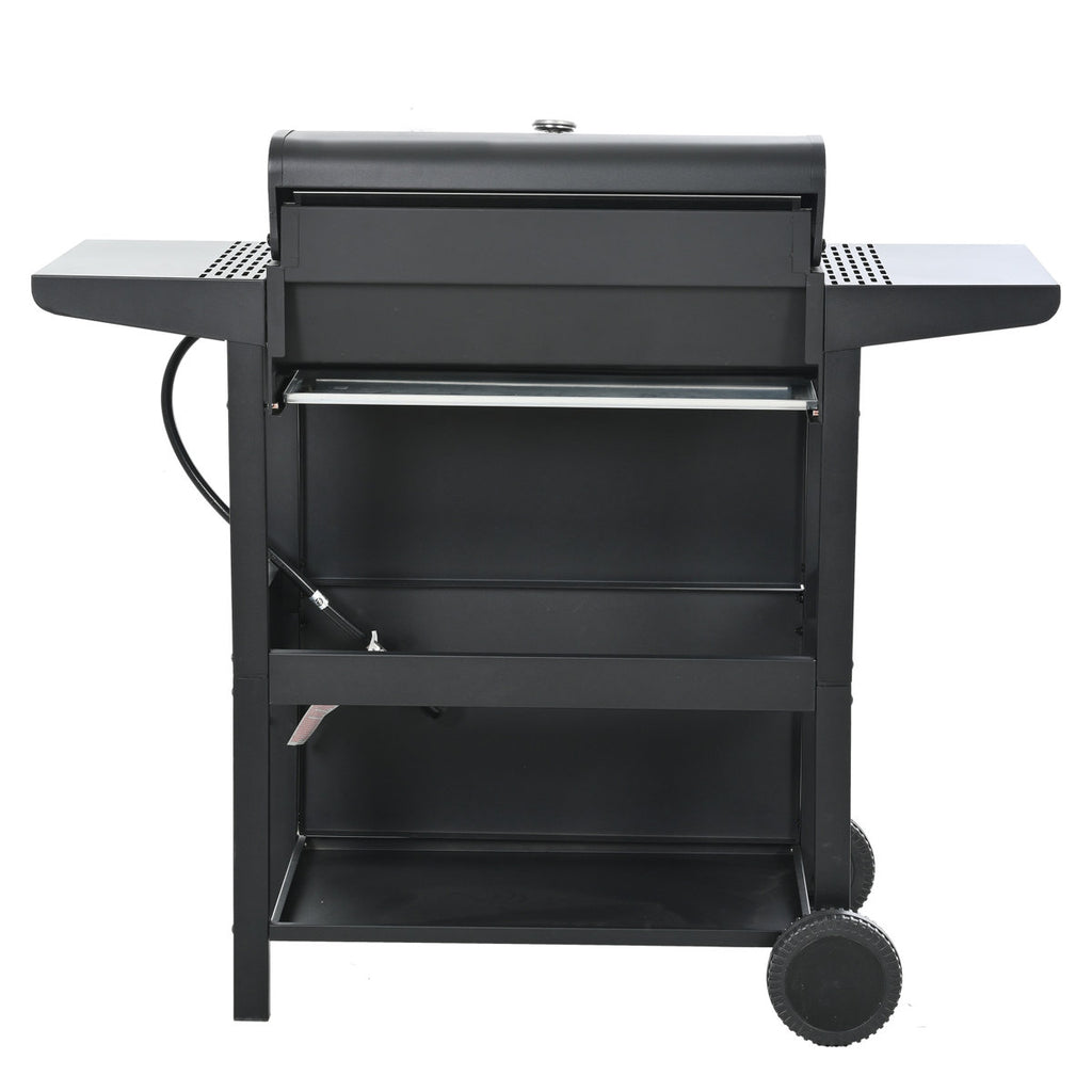 Propane Gas Grill With 4 Stainless Steel Burners, 34,000 , Two Shelves, And Portable Wheels For Courtyard Barbecue Burner, Tables, Wheels, A Temperature Sensor Backyard