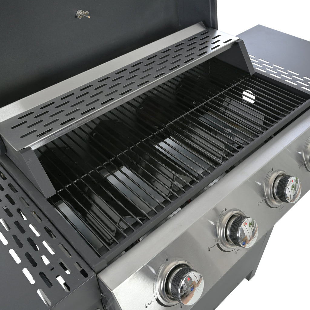 Propane Gas Grill With 4 Stainless Steel Burners, 34,000 , Two Shelves, And Portable Wheels For Courtyard Barbecue Burner, Tables, Wheels, A Temperature Sensor Backyard