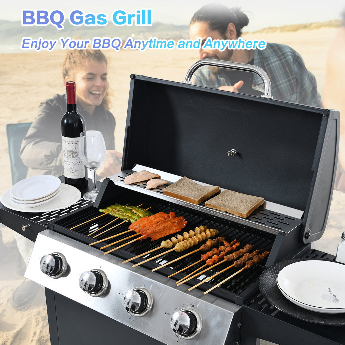 Propane Gas Grill With 4 Stainless Steel Burners, 34,000 , Two Shelves, And Portable Wheels For Courtyard Barbecue Burner, Tables, Wheels, A Temperature Sensor Backyard