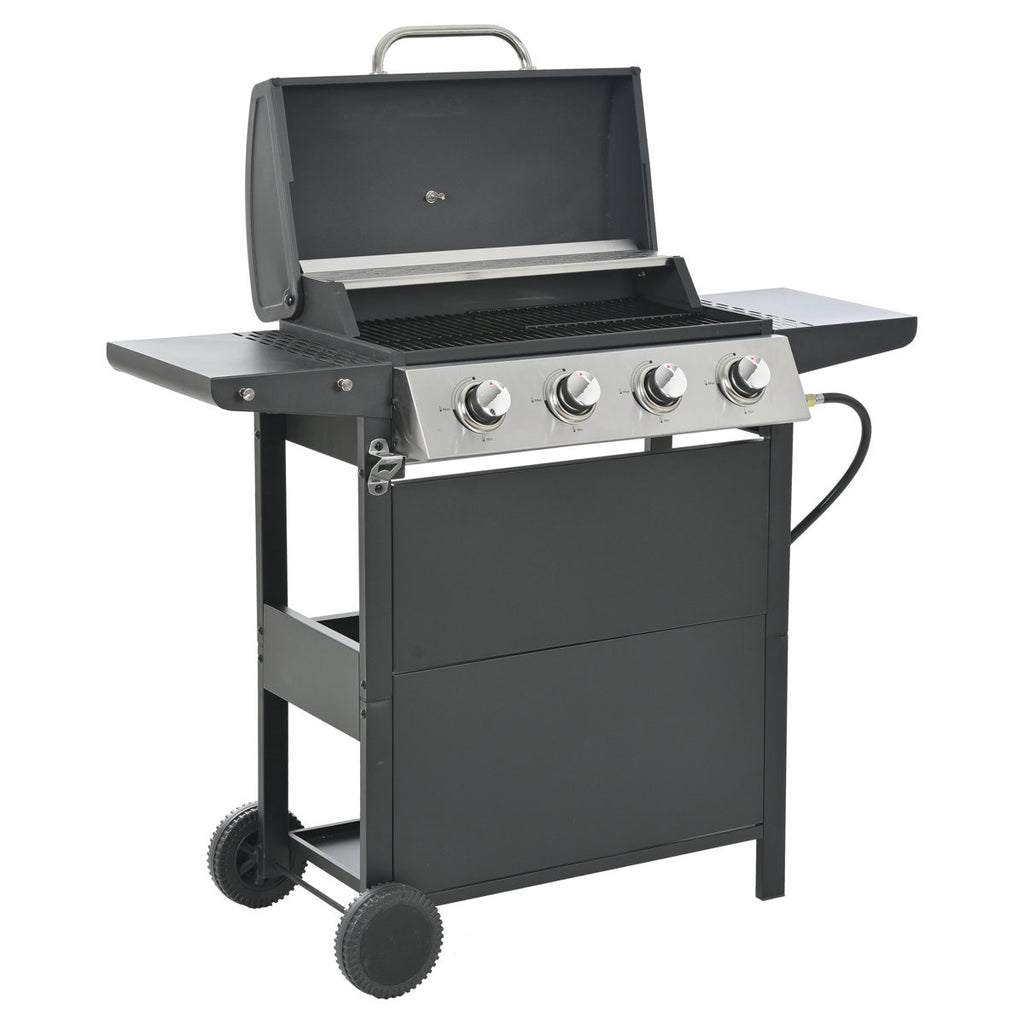 Propane Gas Grill With 4 Stainless Steel Burners, 34,000 , Two Shelves, And Portable Wheels For Courtyard Barbecue Burner, Tables, Wheels, A Temperature Sensor Backyard