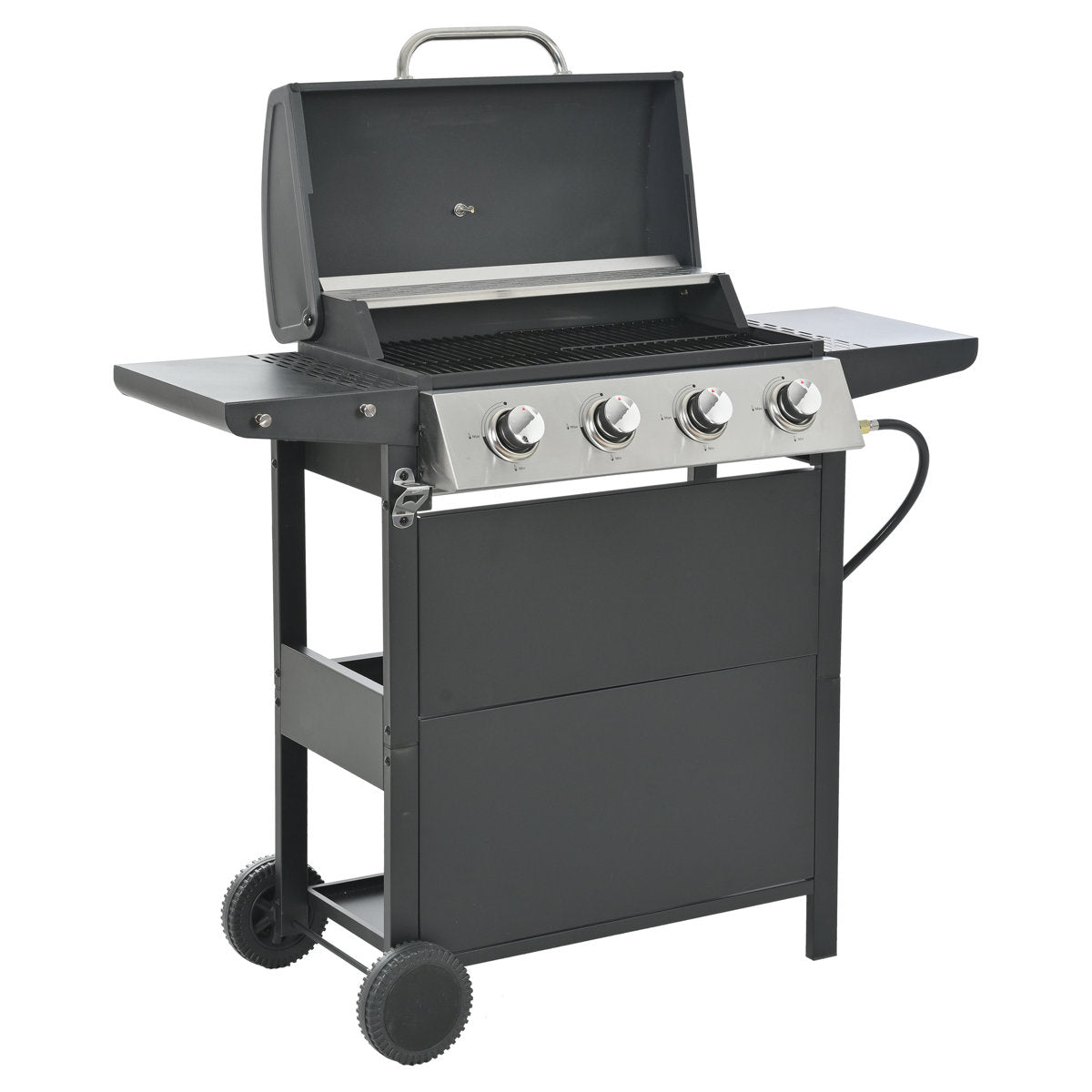 Propane Gas Grill With 4 Stainless Steel Burners, 34,000 , Two Shelves, And Portable Wheels For Courtyard Barbecue Burner, Tables, Wheels, A Temperature Sensor Backyard