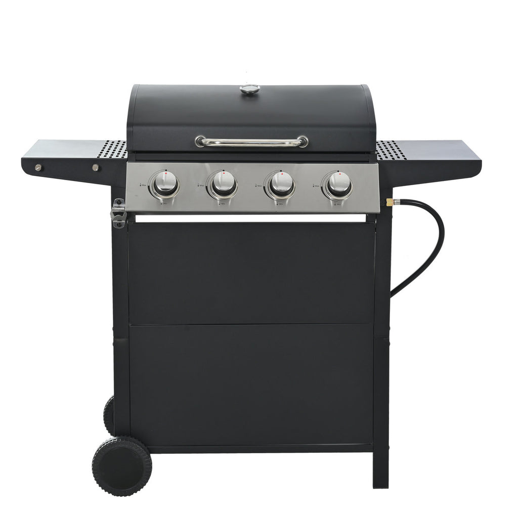 Propane Gas Grill With 4 Stainless Steel Burners, 34,000 , Two Shelves, And Portable Wheels For Courtyard Barbecue Burner, Tables, Wheels, A Temperature Sensor Backyard