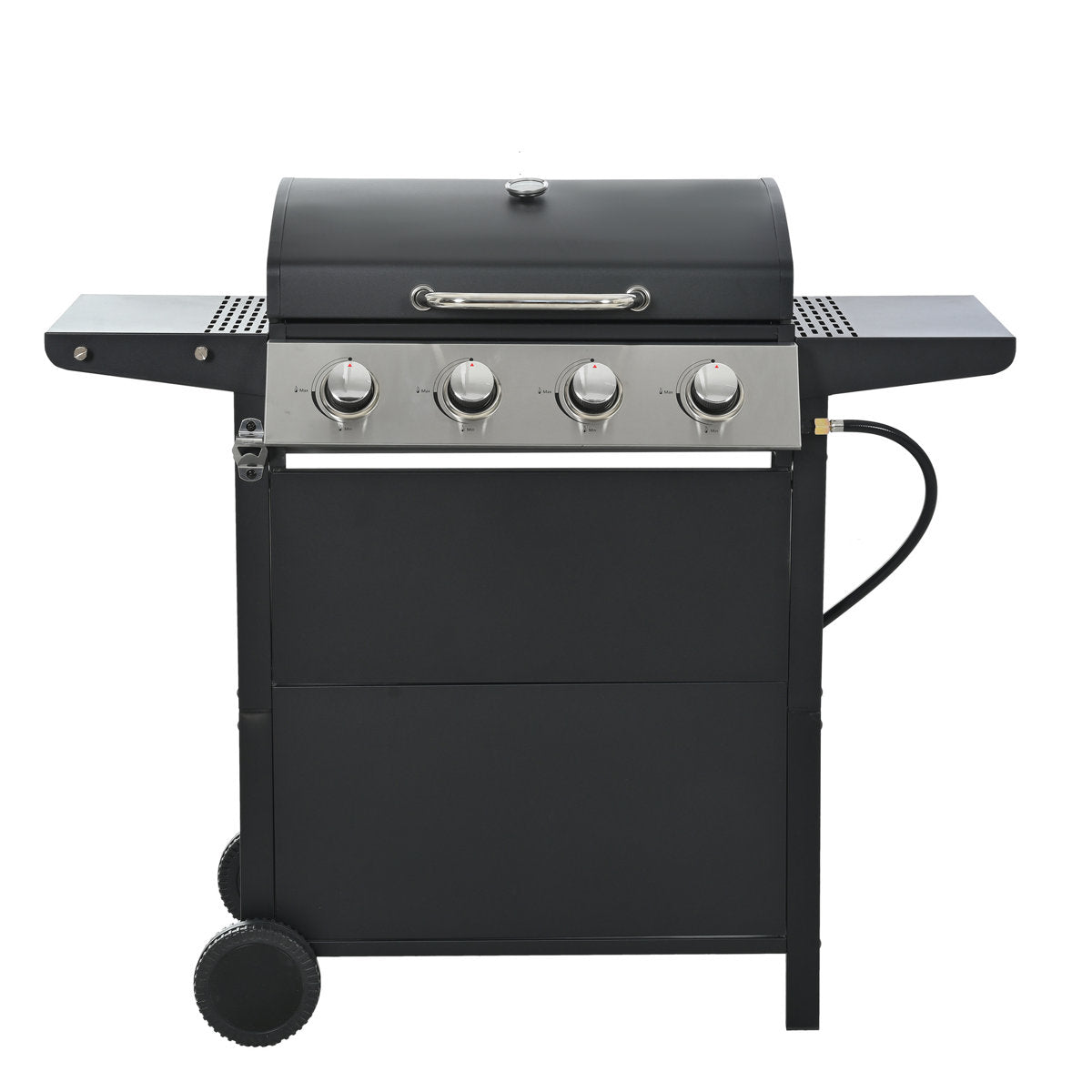 Propane Gas Grill With 4 Stainless Steel Burners, 34,000 , Two Shelves, And Portable Wheels For Courtyard Barbecue Burner, Tables, Wheels, A Temperature Sensor Backyard