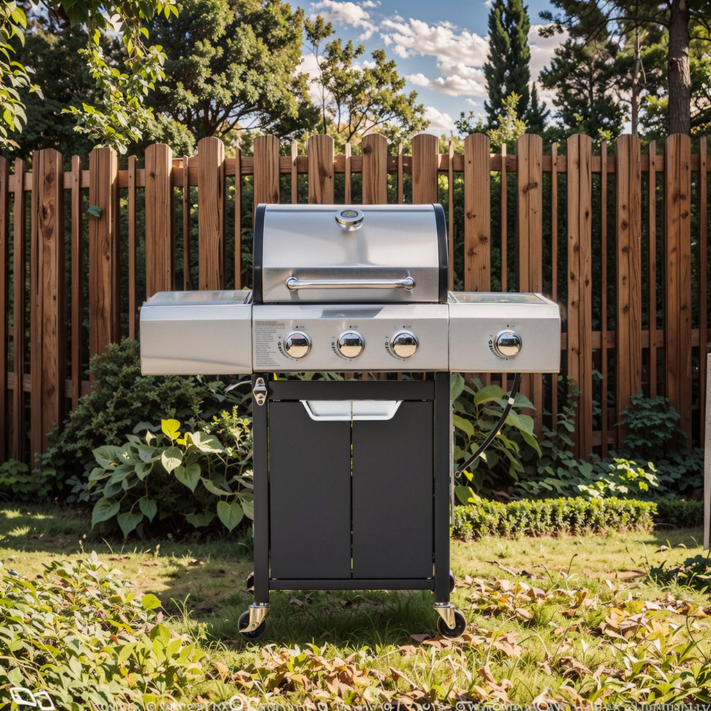 Propane Grill 3 Burner Barbecue Grill Stainless Steel Gas Grill with Side Burner for Outdoor BBQ, Camping