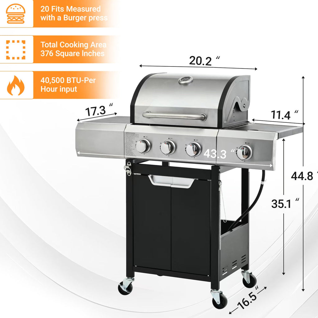 Propane Grill 3 Burner With Side Burner, Stainless Steel, 287 Sq. In. Cooking Area, 70.55 Lb Package Weight, Outdoor Bbq, Camping Steel Gas Grill, 40,500 , 16.83 In. Width, And Cover For Bbq