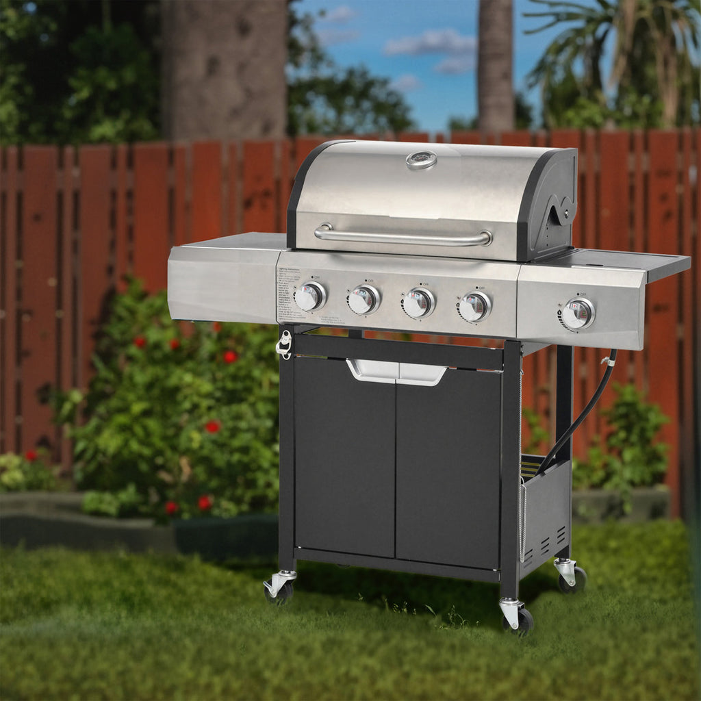 Propane Grill 4 Burner Barbecue Grill Stainless Steel Gas Grill With Side Burner And Cover For Outdoor BBQ, Camping