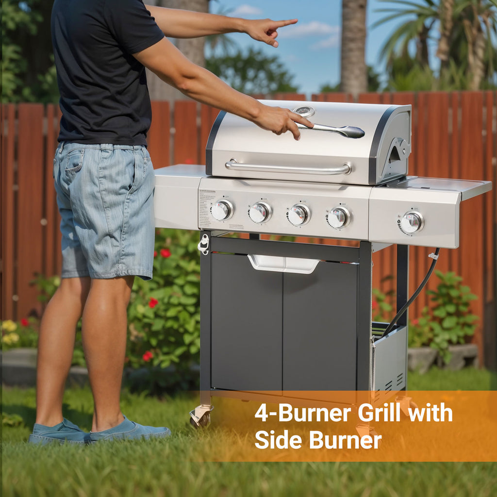 Propane Grill 4 Burner Barbecue Grill Stainless Steel Gas Grill With Side Burner And Cover For Outdoor BBQ, Camping