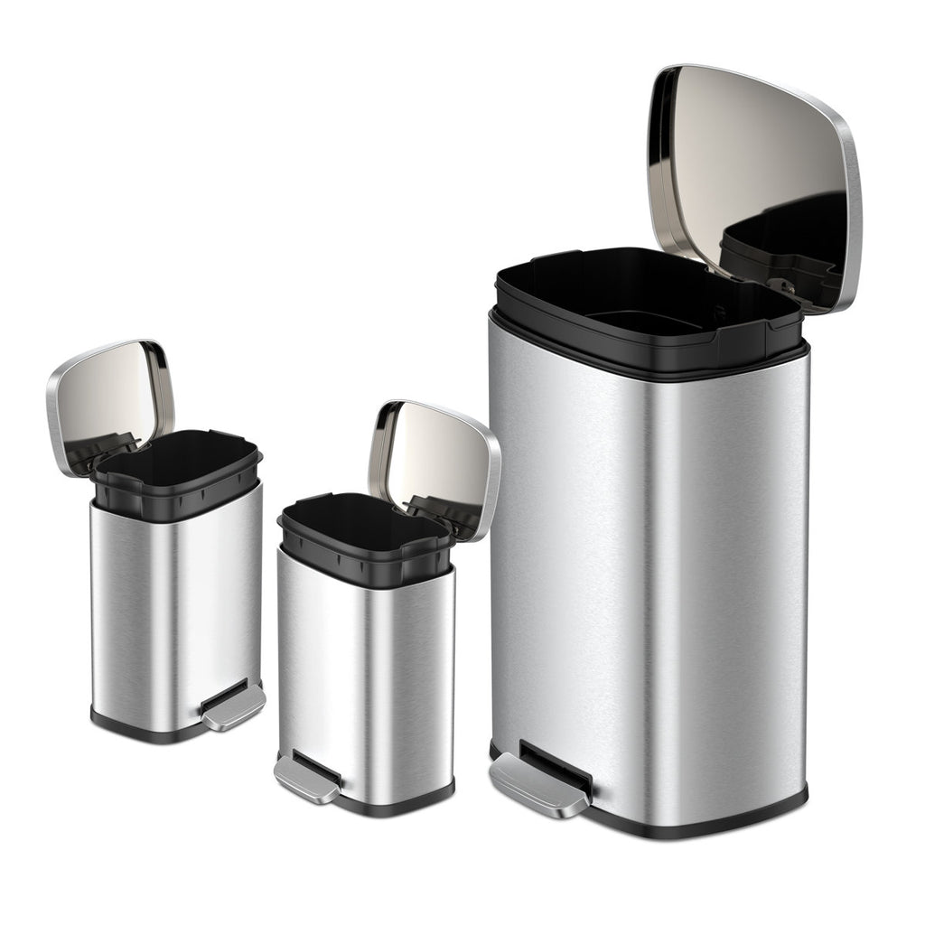 Qualiazero 13.2 Gallon & Two 1.3 Gallon Stainless Steel Rectangular Step On Trash Can Set